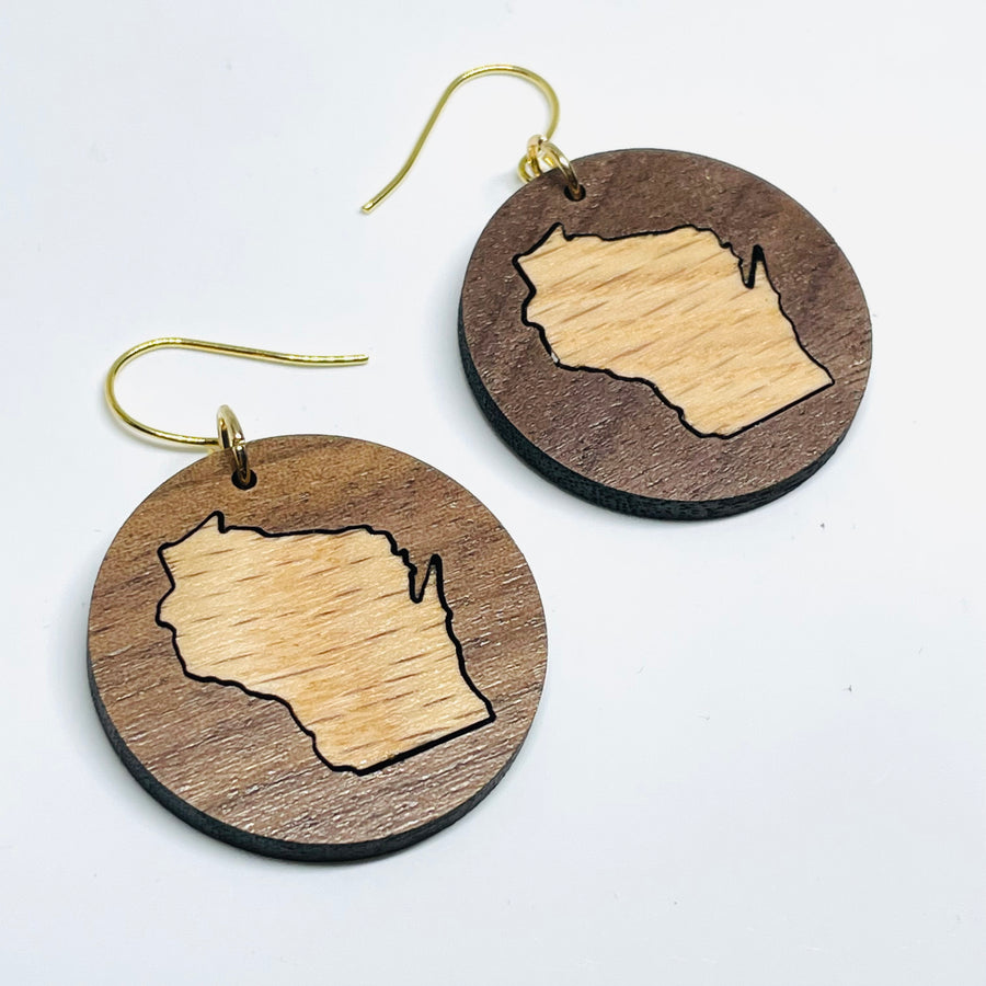 Laser cut walnut and red oak wood inlay gold plated brass core nickel free dangle hook earrings. - Wisconsin State shape