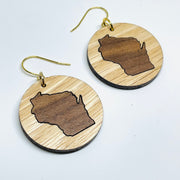 Laser cut red oak and walnut wood inlay gold plated brass core nickel free dangle hook earrings. - Wisconsin State shape