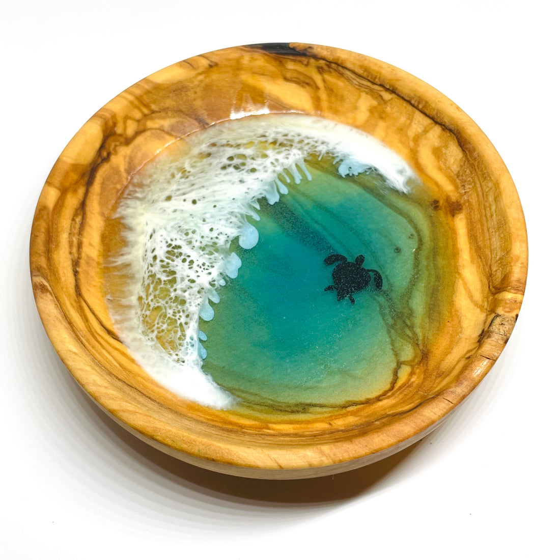 handmade jewelry, Minnesota local wood and resin artist. Ocean waves blue, sea foam sea turtle, olive wood turned ring trinket bowl.