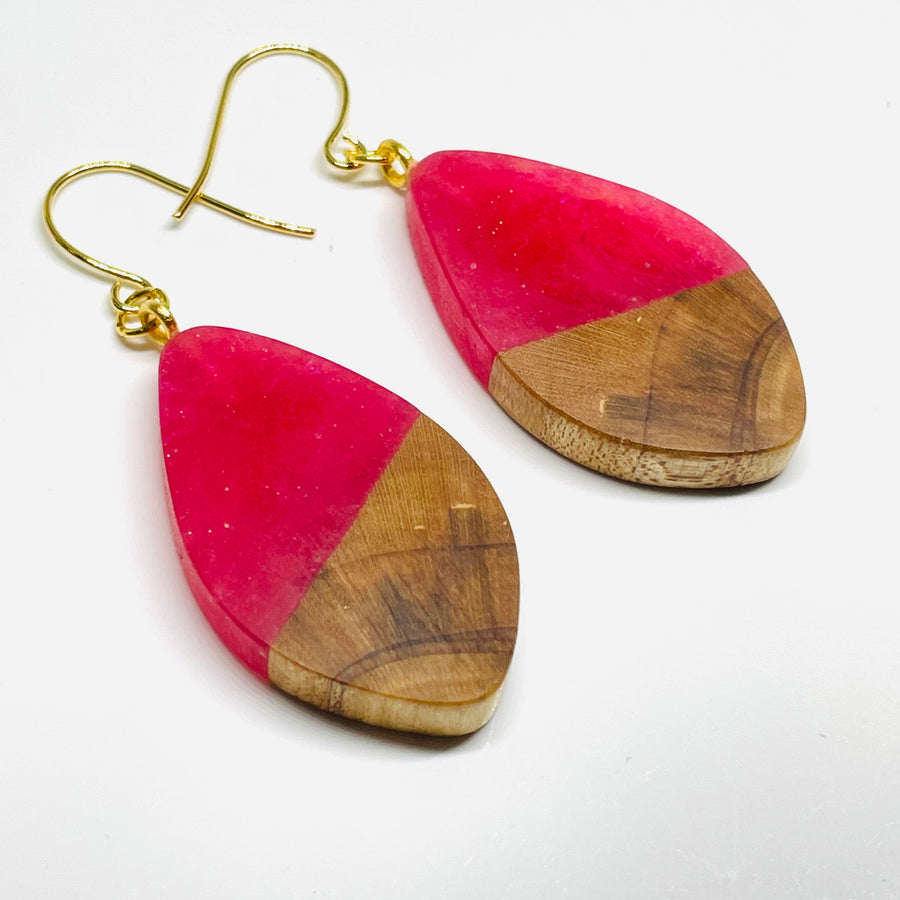 handmade jewelry, Minnesota local wood and resin artist. pink resin with maple wood, nickel free dangle earrings pod shaped