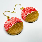 handmade jewelry, Minnesota local wood and resin artist. red and white swirled resin with birch wood, nickel free dangle earrings circle shaped