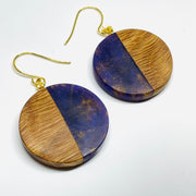 handmade jewelry, Minnesota local wood and resin artist. Purple and gold resin with wavy oak wood, nickel free dangle earrings circle shaped