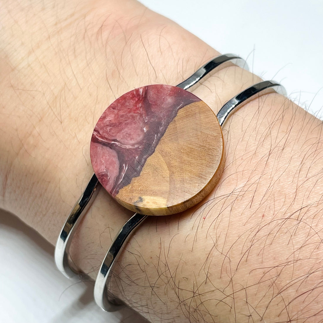 handmade jewelry, Minnesota local wood and resin artist. Deep red and white swirled  resin with maple wood, platinum plated bracelet