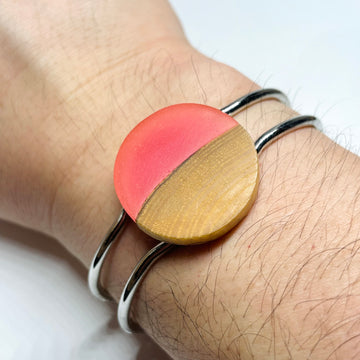 handmade jewelry, Minnesota local wood and resin artist. Pink resin with birch wood, platinum plated bracelet