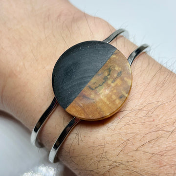 handmade jewelry, Minnesota local wood and resin artist. Black resin with spalted maple wood, platinum plated bracelet