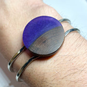 handmade jewelry, Minnesota local wood and resin artist. Purple resin with walnut wood, platinum plated bracelet
