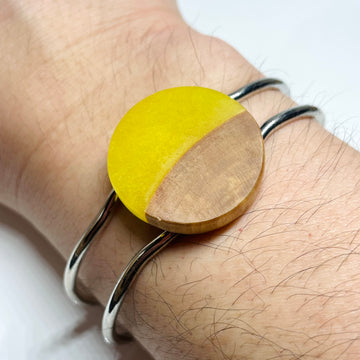 handmade jewelry, Minnesota local wood and resin artist. Yellow resin with maple wood, platinum plated bracelet