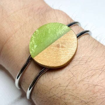 handmade jewelry, Minnesota local wood and resin artist. Chartreuse green resin with maple wood, platinum plated bracelet