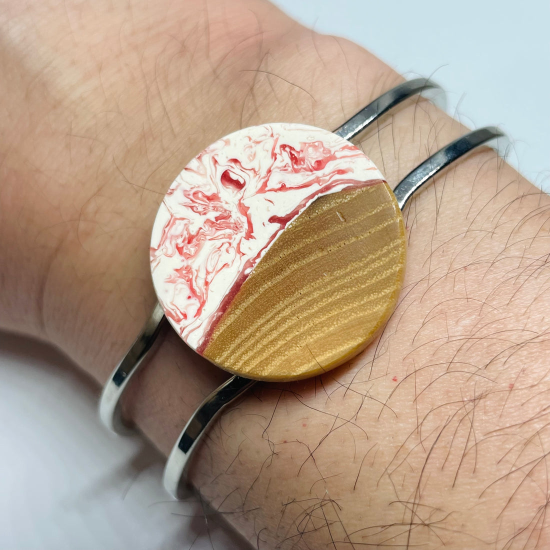 handmade jewelry, Minnesota local wood and resin artist. Red and white resin with birch wood, platinum plated bracelet