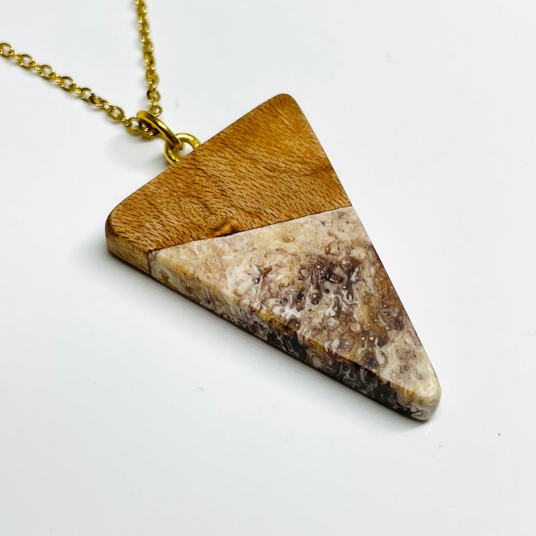handmade jewelry, Minnesota local wood and resin artist. handmade birdseye maple wood with gold, bronze and white resin pendant necklace, 9" color colored stainless steel chain