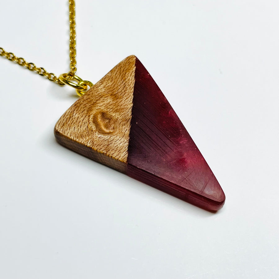 handmade jewelry, Minnesota local wood and resin artist. handmade birdseye maple wood and resin pendant necklace, 9" gold colored stainless steel chain, deep red resin