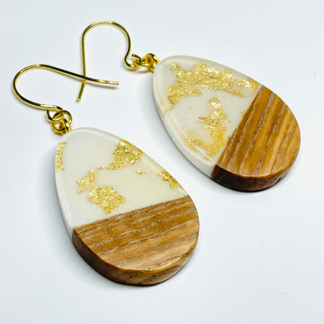 handmade jewelry, Minnesota local wood and resin artist. Gold flakes, clear, white resin with ash wood, nickel free dangle earrings teardrop shaped