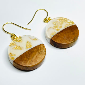 handmade jewelry, Minnesota local wood and resin artist. Gold flakes, clear, white resin with maple wood, nickel free dangle earrings circle shaped