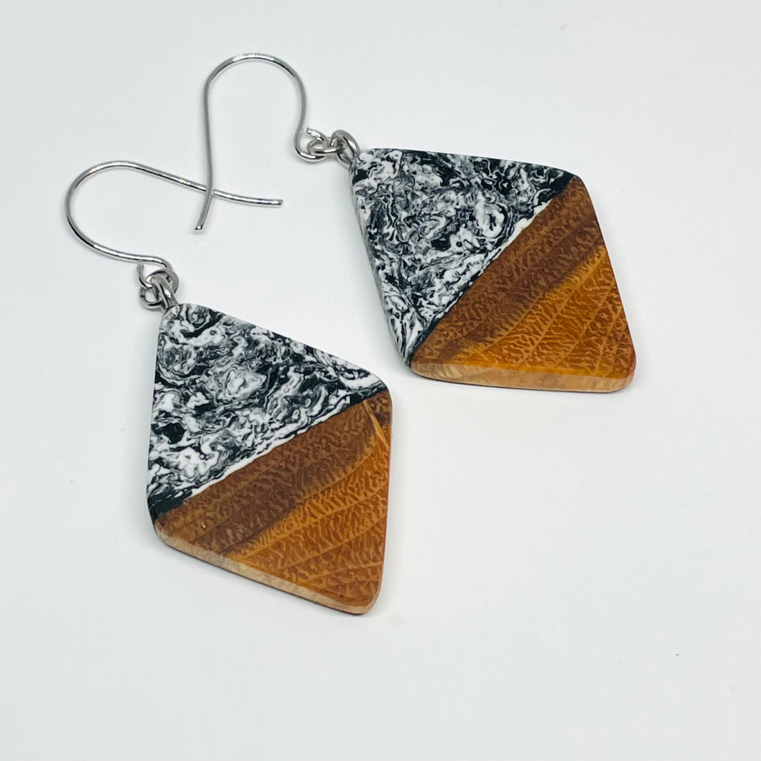 Wood and Resin Black & White Buckthorn Diamonds - Earrings