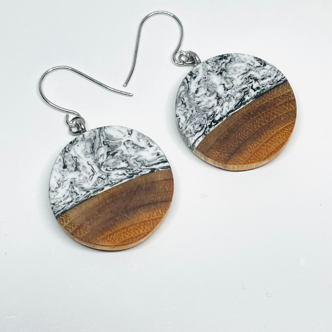 Wood and Resin Black & White Buckthorn Coins - Earrings