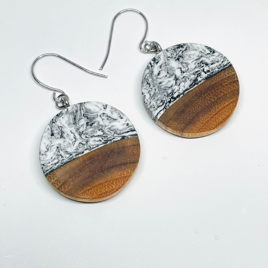 Wood and Resin Black & White Buckthorn Coins - Earrings