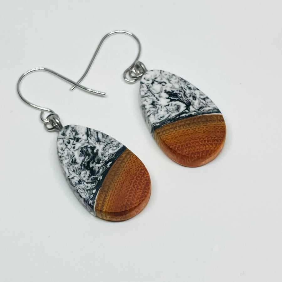 Wood and Resin Black & White Buckthorn Tiny Teardrops - Earrings