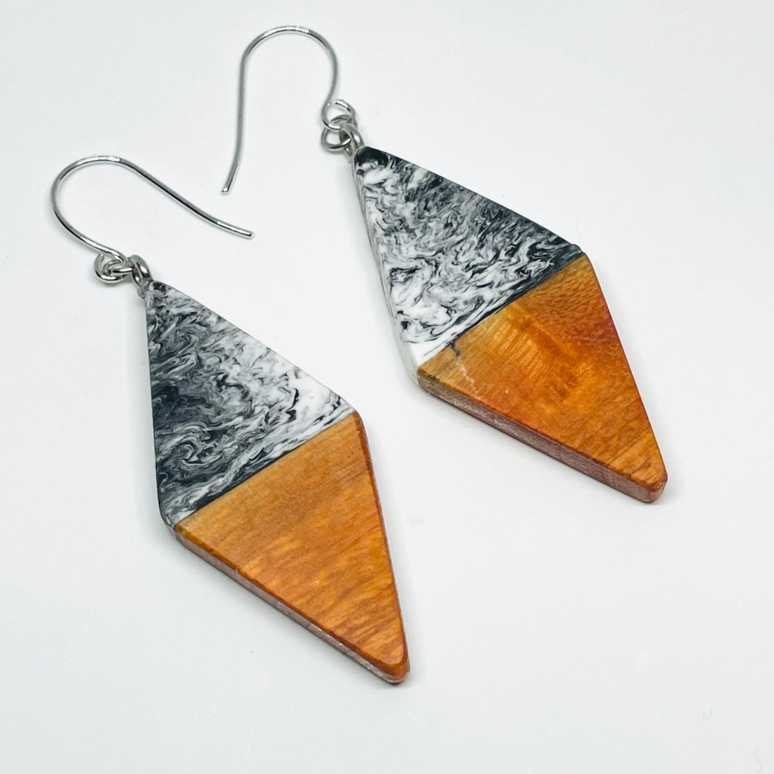 Wood and Resin Black & White Buckthorn Long Diamonds - Earrings