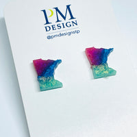 Tiny Minnesota shaped stud/post earrings - Blue, magenta, green resin