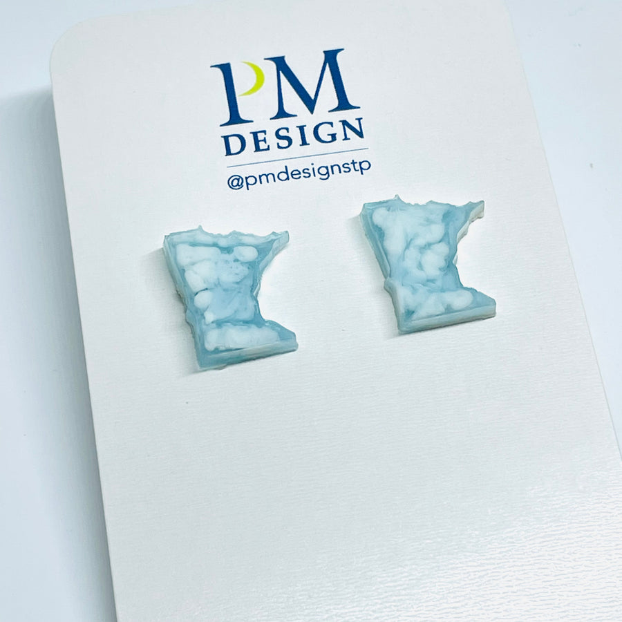 Tiny Minnesota shaped stud/post earrings - light blue and white resin