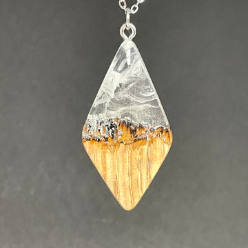 handmade jewelry, Minnesota local wood and resin artist. Winter blizzard mountain landscape,  ash wood with clear and white resin pendant necklace, 9" stainless steel chain