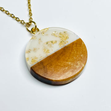 handmade jewelry, Minnesota local wood and resin artist. handmade maple wood with gold flakes, clear and white  resin pendant necklace, 9" gold colored stainless steel chain