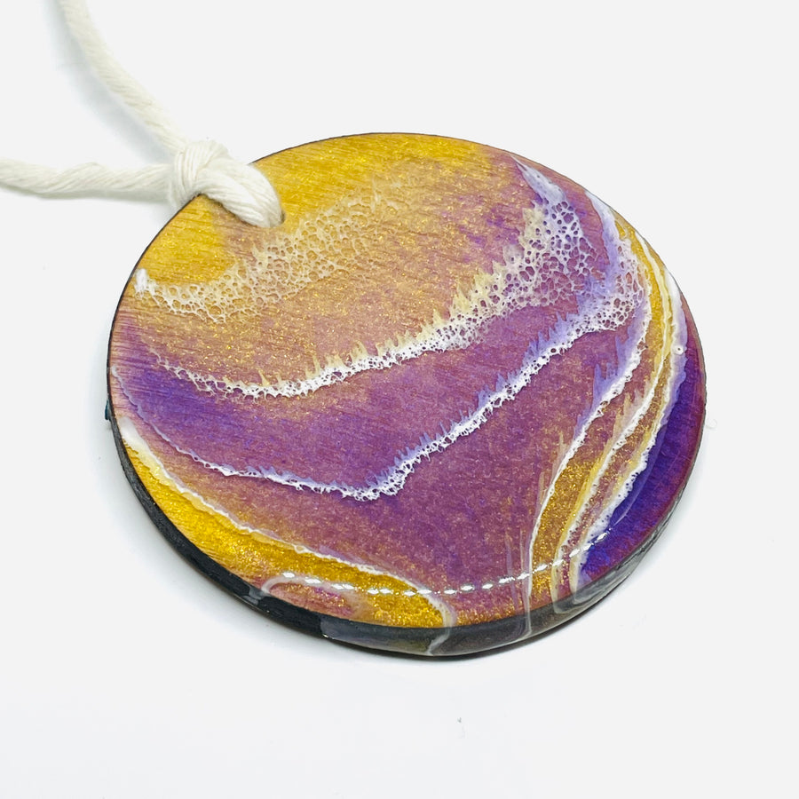 handmade jewelry, Minnesota local wood and resin artist. Purple and gold Christmas, holiday ornament