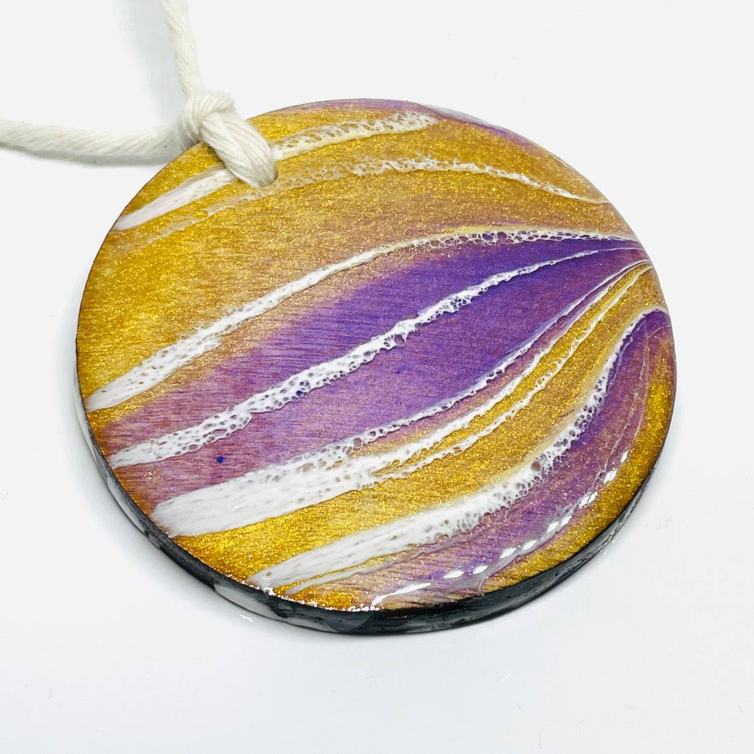 handmade jewelry, Minnesota local wood and resin artist. Purple and gold Christmas, holiday ornament