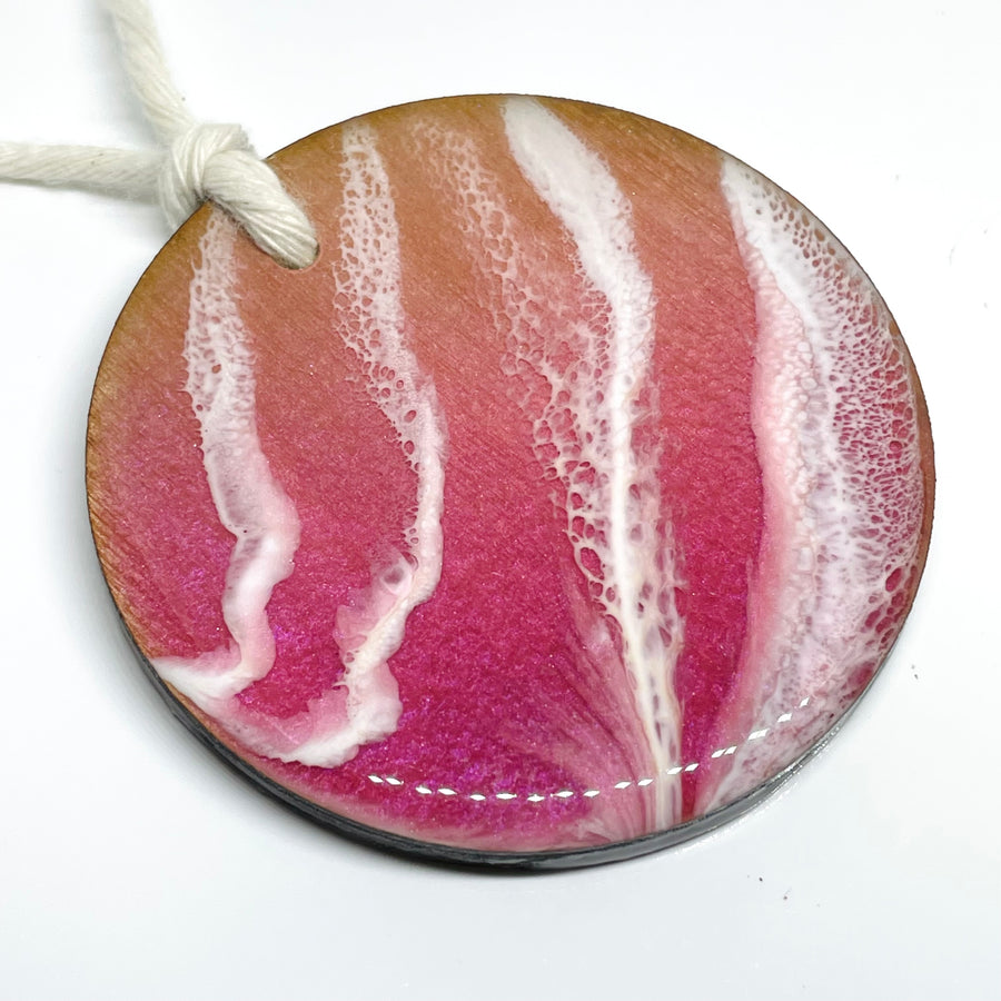 handmade jewelry, Minnesota local wood and resin artist. Raspberry red and white resin Christmas, holiday ornament