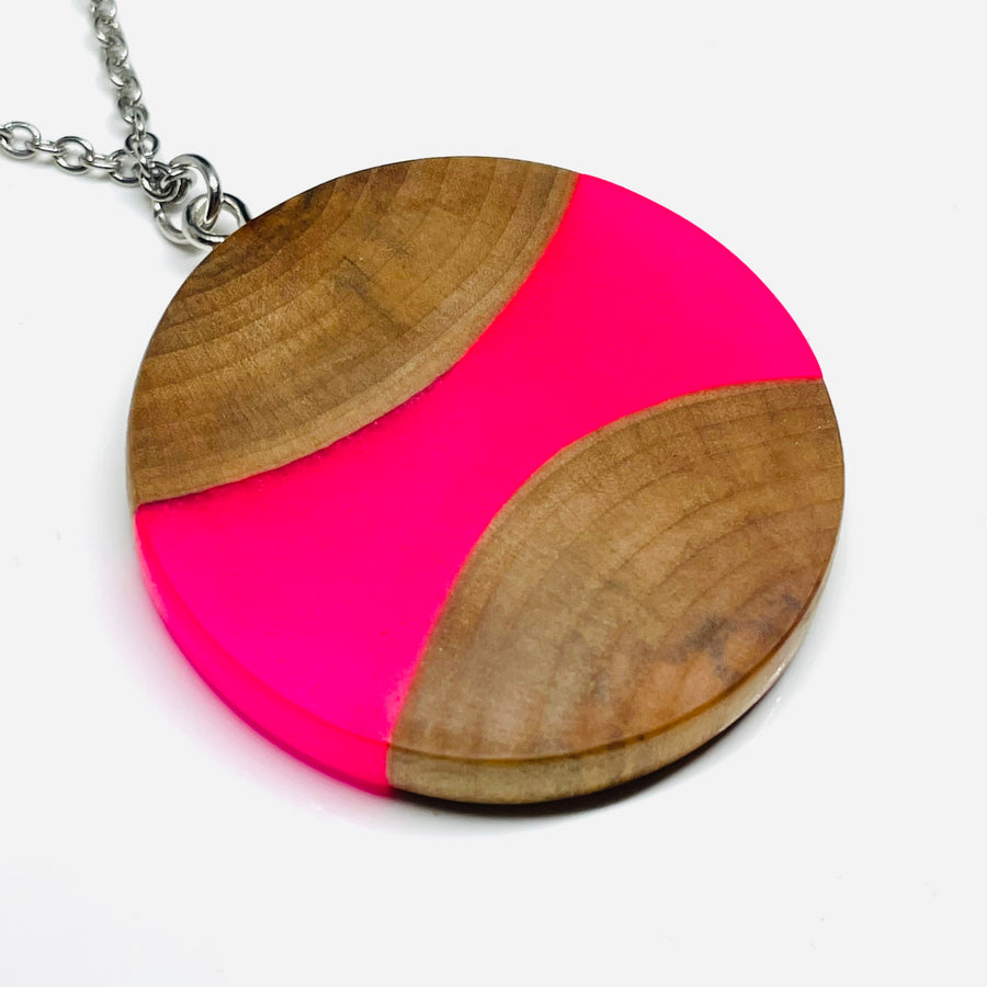 Wood and Resin Pink Glow-In-The-Dark Birch Disc - Pendant/Necklace