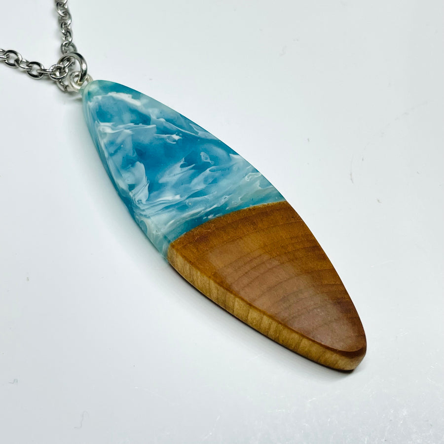 handmade jewelry, Minnesota local wood and resin artist. handmade maple wood and resin pendant necklace, 15" stainless steel chain, ocean waves blue 