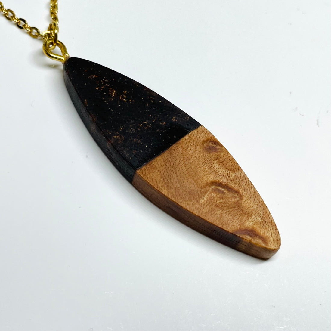 handmade jewelry, Minnesota local wood and resin artist. handmade birdseye maple wood and resin pendant necklace, 15" stainless steel chain, Bronze brown resin