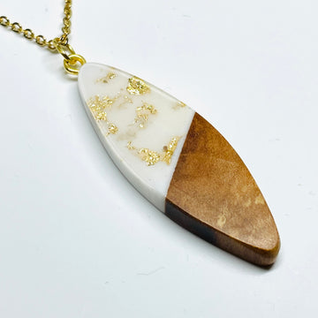 handmade jewelry, Minnesota local wood and resin artist. handmade ash wood with gold flakes, clear and white resin pendant necklace, 9" stainless steel chain