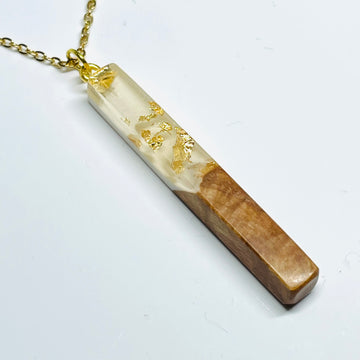 handmade jewelry, Minnesota local wood and resin artist. handmade ash wood with gold flakes, clear and white resin  stem shaped pendant necklace, 9" gold colored stainless steel chain