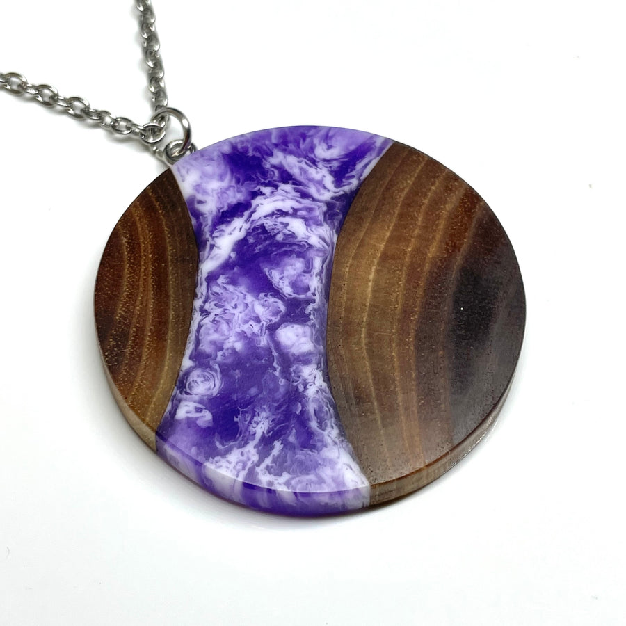 Wood and Resin Purple Haze Walnut Disc - Pendant/Necklace