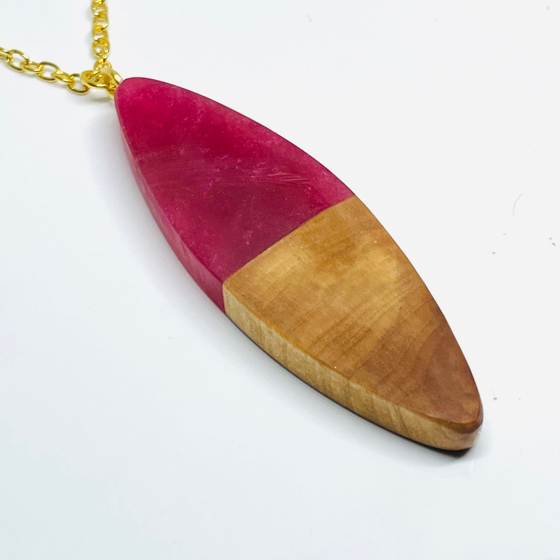 handmade jewelry, Minnesota local wood and resin artist. handmade maple wood with raspberry red resin pendant necklace, 15" gold colored stainless steel chain