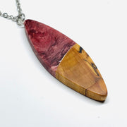 handmade jewelry, Minnesota local wood and resin artist. handmade maple wood and resin pendant necklace, 15" stainless steel chain, deep red and white swirled resin.