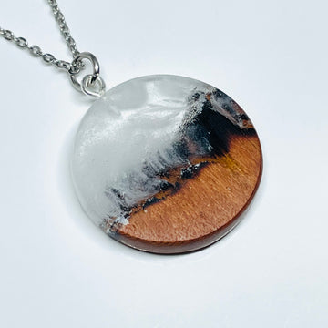 handmade jewelry, Minnesota local wood and resin artist. handmade cherry wood and clear and white resin pendant necklace, 9" stainless steel chain, Winter blizzard mountain landscape.