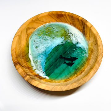 Wood and Resin Large Ocean Wave Ring Bowl w/ Mama & Baby Dolphins