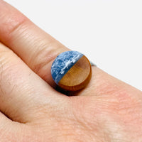 handmade jewelry, Minnesota local wood and resin artist. OCean wave blue colored resin with maple wood, stainless steel ring.
