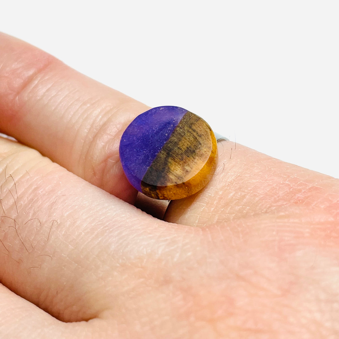 handmade jewelry, Minnesota local wood and resin artist. purple resin with maple wood round, stainless steel adjustable ring.