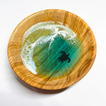 Wood and Resin Large Ocean Wave Ring Bowl w/ Sea Turtle