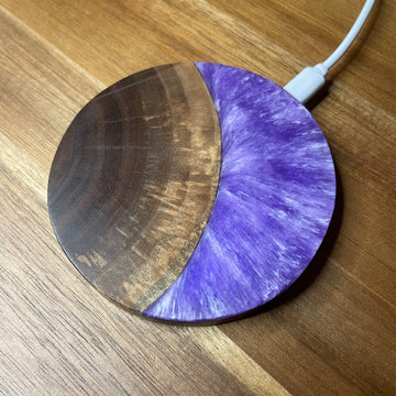 15W Qi Wireless Phone Charger.&nbsp;Made of walnut wood with purple and white swirled resin. Size: 3.875"Diameter x .5"D Comes with a 3' Type C Micro to USB cord.