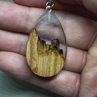handmade jewelry, Minnesota local wood and resin artist. Grand Canyon landscape, ash wood with clear and white resin pendant necklace, 9" stainless steel chain, teardrop shape video