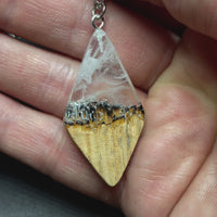 handmade jewelry, Minnesota local wood and resin artist. Winter blizzard mountain landscape, ash wood with clear and white resin pendant necklace, 9" stainless steel chain video