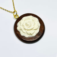 handmade jewelry, Minnesota local wood and resin artist. handmade walnut wood and pale yellow rose flower resin pendant necklace, 9" gold colored stainless steel chain