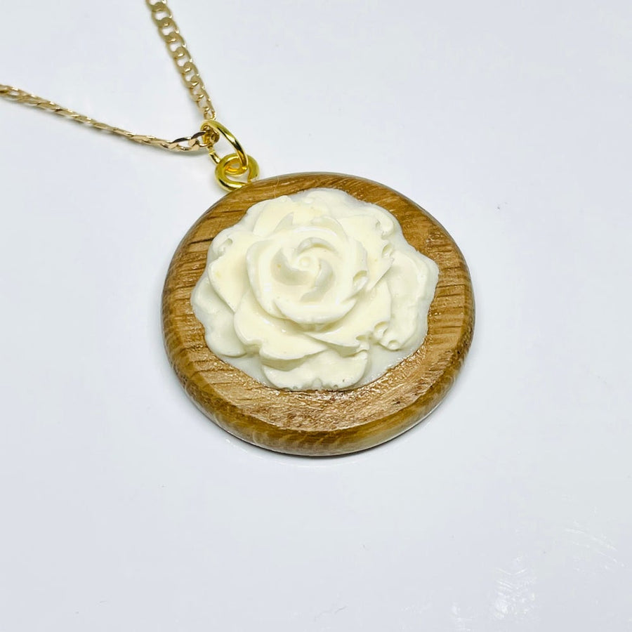handmade jewelry, Minnesota local wood and resin artist. handmade oak wood and pale yellow rose flower resin pendant necklace, 9" gold colored stainless steel chain