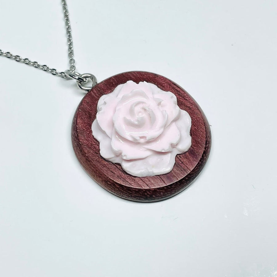 handmade jewelry, Minnesota local wood and resin artist. handmade purple heart wood and pink rose flower resin pendant necklace, 9" stainless steel chain