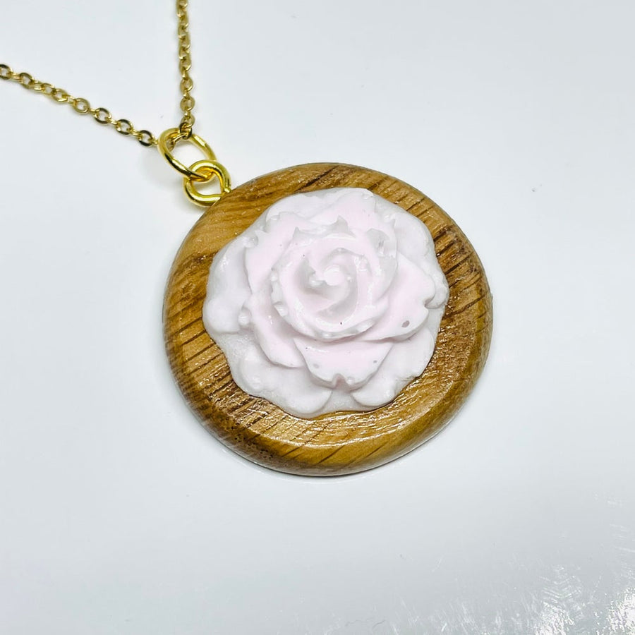 handmade jewelry, Minnesota local wood and resin artist. handmade oak wood and pink rose flower resin pendant necklace, 9" gold colored stainless steel chain