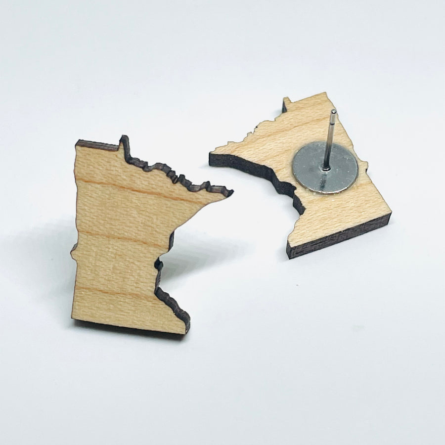 Minnesota local wood and resin artist. laser cut maple wood, stainless steel post/stud earrings, MN State shape.